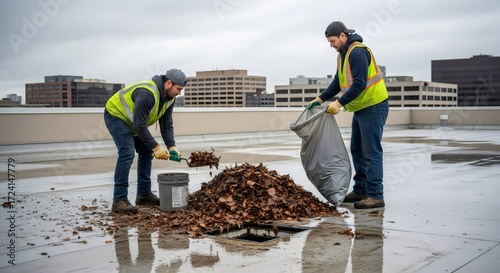 Two men in safety vests cleaning wet leaves from a commercial rooftop drainage system. Utility workers performing building maintenance.
