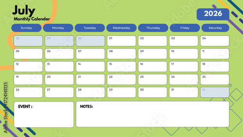 July 2026 Calendar Printable Monthly Planner with Notes