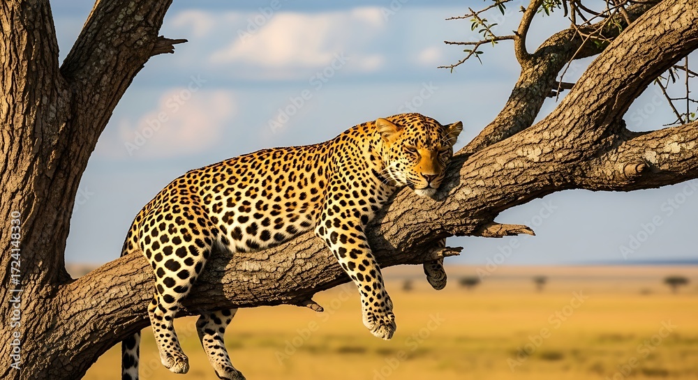 Obraz premium Serene Leopard Lounging in an African Tree Branch on a Sunny Day