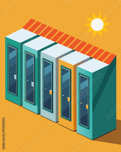 A row of solarpowered dryers their doors easily accessible for customers of all heights saving energy and convenience simultaneously.. Vector illustration