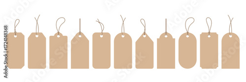 Set of brown cardboard price tags with string. Empty Paper label design set for DIY. Eco packaging tag vector pack. Rustic kraft labels for handmade product