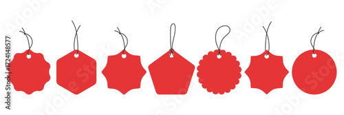 Red price tag vector set. Paper label mockup isolated. Tags with string template. Circle blank labels for promotion sale discount design