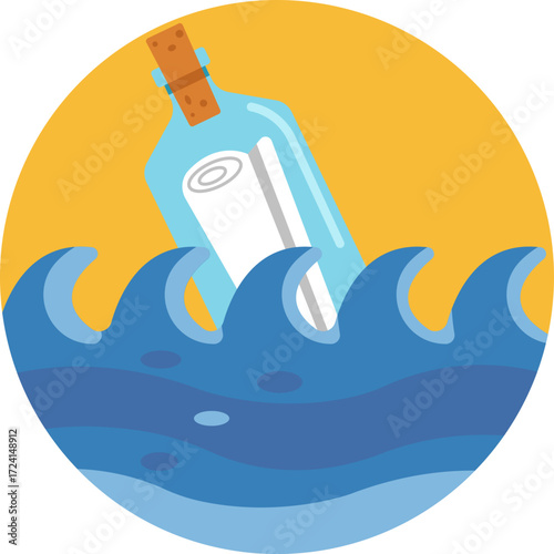 A bottle floating on water, containing a rolled-up note or letter.