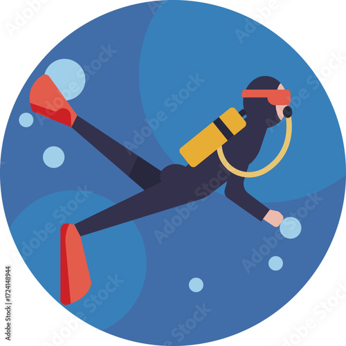 A scuba diver exploring underwater with fins and an oxygen tank.