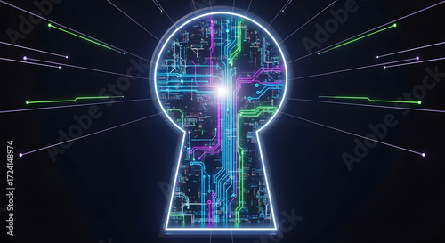 Unlock future potential with this modern digital keyhole design showcasing vibrant technology and connection, ideal for security and innovation concepts
