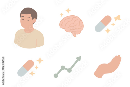 Hopeful Healing Symbols. Isometric vector illustration set Healing through Expectation: person closing eyes with hopeful smile,