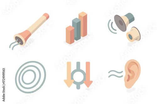Drone Sound Vibration Icons. Isometric vector illustration set Drone Sound Vibration: didgeridoo tube producing wave lines,
