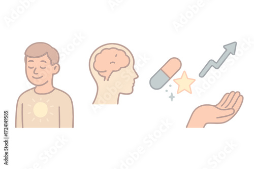 Hopeful Healing Symbols. Isometric vector illustration set Healing through Expectation: person closing eyes with hopeful smile,