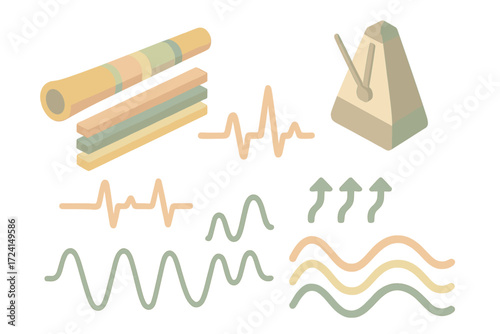 Rhythmic Sound Wave Icons. Isometric vector illustration set Rhythmic Drone Patterns: didgeridoo sound bars layered, pulse beats
