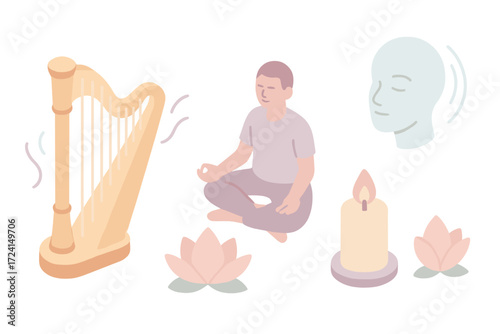 Healing Music Icons. Isometric vector illustration set Healing Music with Harp: harp glowing with soft waves, person meditating
