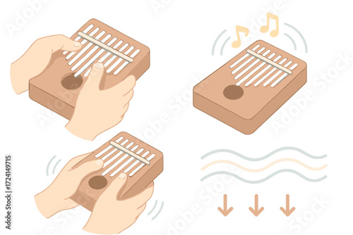 Thumb Piano Harmony. Isometric vector illustration set Thumb Piano Playing: two thumbs pressing metal tines, vibration arcs rising