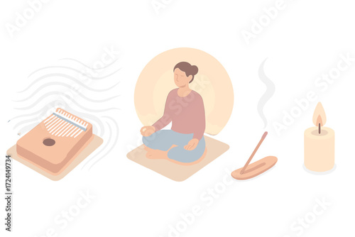 Kalimba Meditation Scene. Isometric vector illustration set Kalimba Meditation Sound: glowing instrument placed on mat, sound
