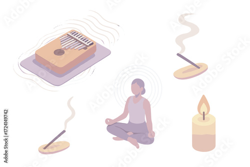 Kalimba Meditation Scene. Isometric vector illustration set Kalimba Meditation Sound: glowing instrument placed on mat, sound