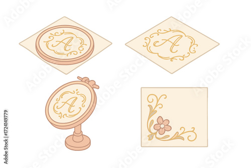 Ornate Embroidery Monogram. Isometric vector illustration set Decorative Monogram Embroidery: initial letter stitched in script,