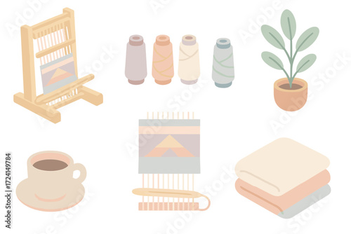Modern Craft Weaving. Isometric vector illustration set Modern Craft Weaving: portable tabletop loom, pastel colored threads,