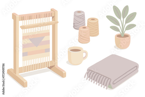 Modern Craft Weaving. Isometric vector illustration set Modern Craft Weaving: portable tabletop loom, pastel colored threads,