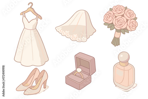 Bridal Preparation Icons. Isometric vector illustration set Bridal preparation: wedding gown on hanger, lace veil draped, bouquet