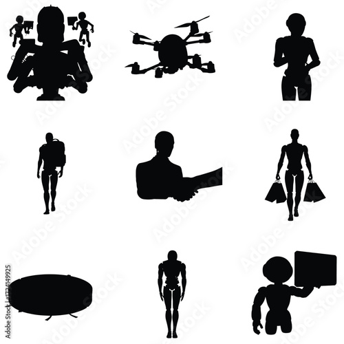 Silhouettes showcase diverse robotic forms including humanoid figures drones and automated systems against a clean white background for modern concepts