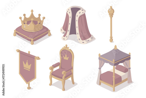Royal Velvet Icons. Isometric vector illustration set Royal velvet symbols: crown cushion, ceremonial robe, throne chair, scepter,
