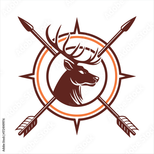 Deer head logo with spears, hunting emblem, outdoor adventure icon.