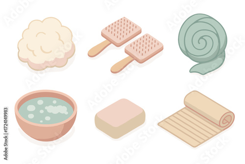 Wool Processing Icons. Isometric vector illustration set Wool processing: raw fleece, carding brushes, dyed wool, hot water bowl,