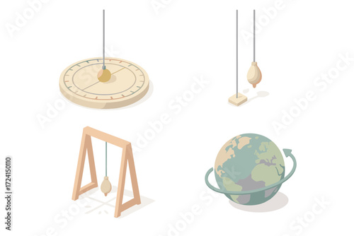 Engineering Pendulum Systems. Isometric vector illustration set Engineering pendulum systems: Foucault pendulum, suspension wires,