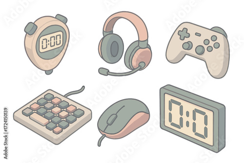 E-sports Gear Icons. Isometric vector illustration set E-sports timing: digital stopwatch, gaming headset, keyboard, mouse,