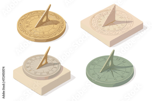 Decorative Sundial Collection. Isometric vector illustration set Decorative sundials: ornate brass sundial, floral carved sundial,