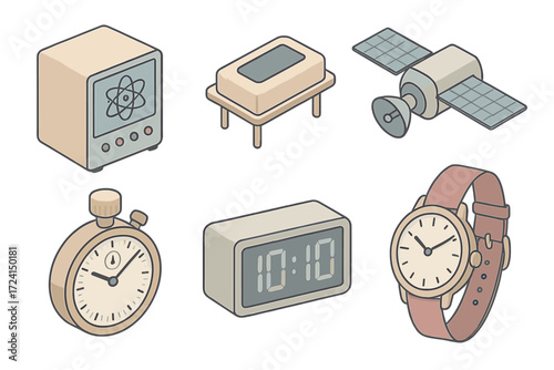 Timekeeping Device Icons. Isometric vector illustration set Precise timekeeping devices: atomic clock, quartz oscillator, GPS