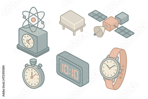Timekeeping Device Icons. Isometric vector illustration set Precise timekeeping devices: atomic clock, quartz oscillator, GPS