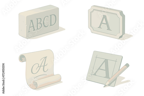 Chiseled Typography Designs. Isometric vector illustration set Typography inspiration: serif letters carved in stone, engraved