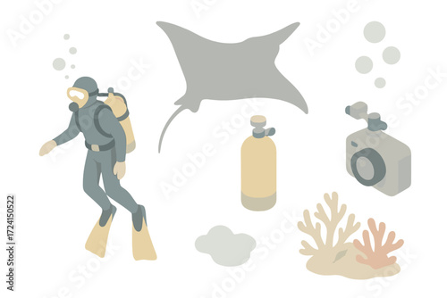 Diver with Manta Ray. Isometric vector illustration set Diving encounter: scuba diver, manta ray overhead, oxygen tank, bubbles,