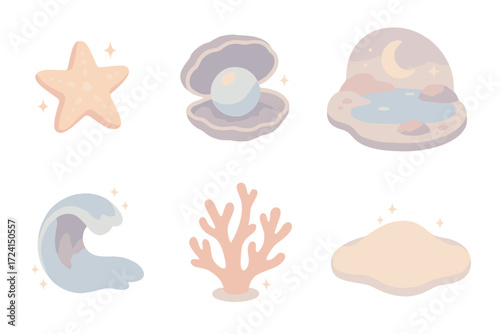 Mythical Starfish Icons. Isometric vector illustration set Mythical starfish: glowing starfish, enchanted pearl, moonlit tide pool