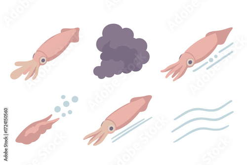 Squid Jet Motion. Isometric vector illustration set Jet propulsion motion: squid siphon jet, ink cloud, bubble trail, streamlined