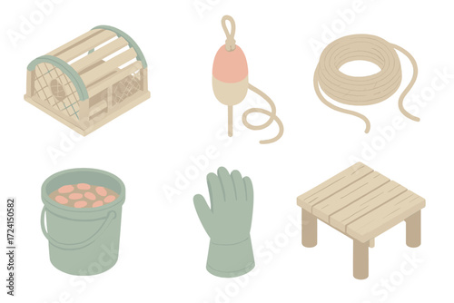 Lobster Fishing Tools. Isometric vector illustration set Lobster fishing tools: lobster trap cage, buoy float, rope line, bait