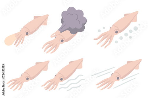 Squid Jet Motion. Isometric vector illustration set Jet propulsion motion: squid siphon jet, ink cloud, bubble trail, streamlined