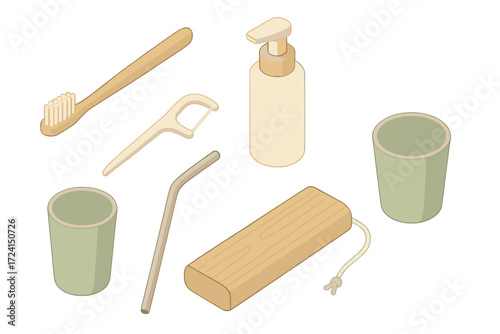 Eco Dental Care Essentials. Isometric vector illustration set Zero plastic dental care: bamboo toothbrush biodegradable handle,