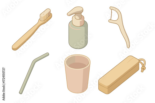 Eco Dental Care Essentials. Isometric vector illustration set Zero plastic dental care: bamboo toothbrush biodegradable handle,