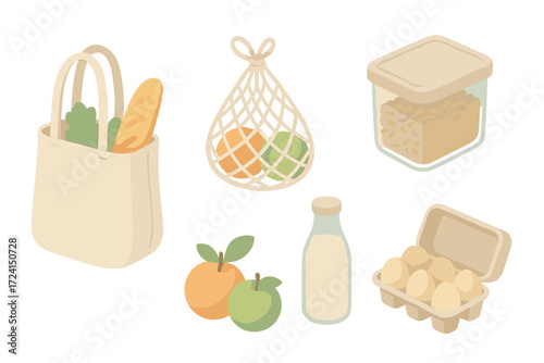 Zero Waste Essentials. Isometric vector illustration set Zero waste market essentials: reusable bag grocery shopping, mesh produce