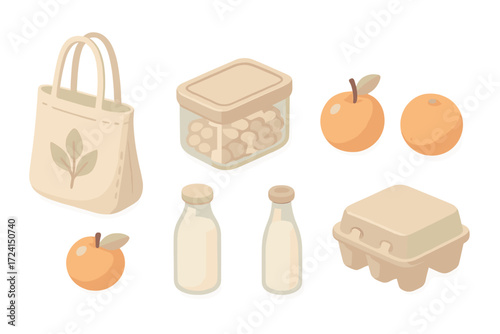 Zero Waste Essentials. Isometric vector illustration set Zero waste market essentials: reusable bag grocery shopping, mesh produce