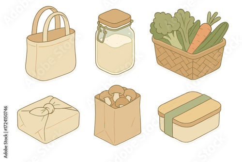 Eco-Friendly Shopping Icons. Isometric vector illustration set Green lifestyle shopping: reusable cloth bag, refill jar flour,