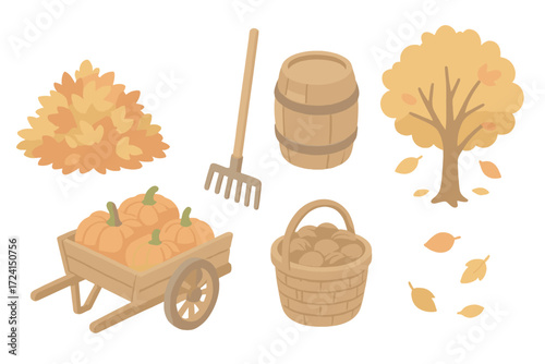 Rustic Autumn Icons. Isometric vector illustration set Rustic fall scenery: autumn leaf pile, cart with pumpkins, garden rake,
