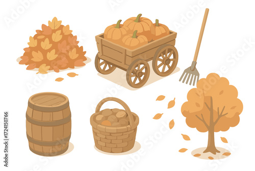 Rustic Autumn Icons. Isometric vector illustration set Rustic fall scenery: autumn leaf pile, cart with pumpkins, garden rake,