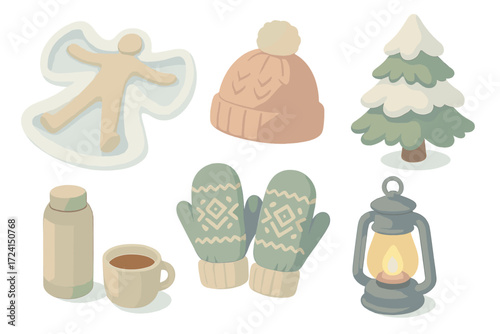 Cozy Snowy Essentials. Isometric vector illustration set Cozy snowy moments: snow angel impression cold, wool hat, knitted mittens