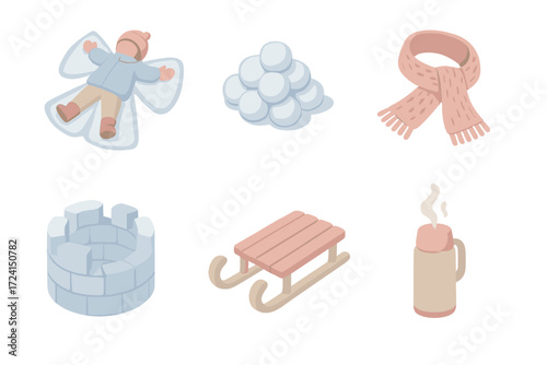Frosty Fun Icons. Isometric vector illustration set Frosty fun day: snow angel impression cold, pile of snowballs, scarf knitted,