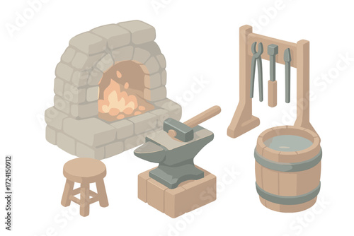 Rustic Smithy Interior. Isometric vector illustration set Rustic smithy interior: stone forge, hammer anvil, wooden stool, metal