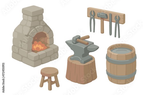 Rustic Smithy Interior. Isometric vector illustration set Rustic smithy interior: stone forge, hammer anvil, wooden stool, metal