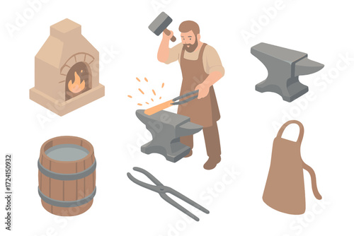 Traditional Forging Scene. Isometric vector illustration set Traditional forging scene: blacksmith forge hammer anvil, glowing