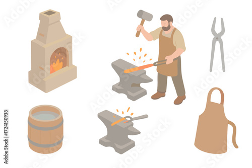 Traditional Forging Scene. Isometric vector illustration set Traditional forging scene: blacksmith forge hammer anvil, glowing