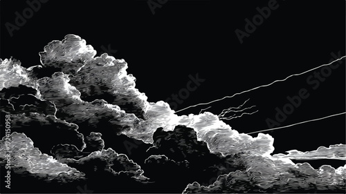 Mystical Black and White Drawing of Dark Sky with Bold Typography
